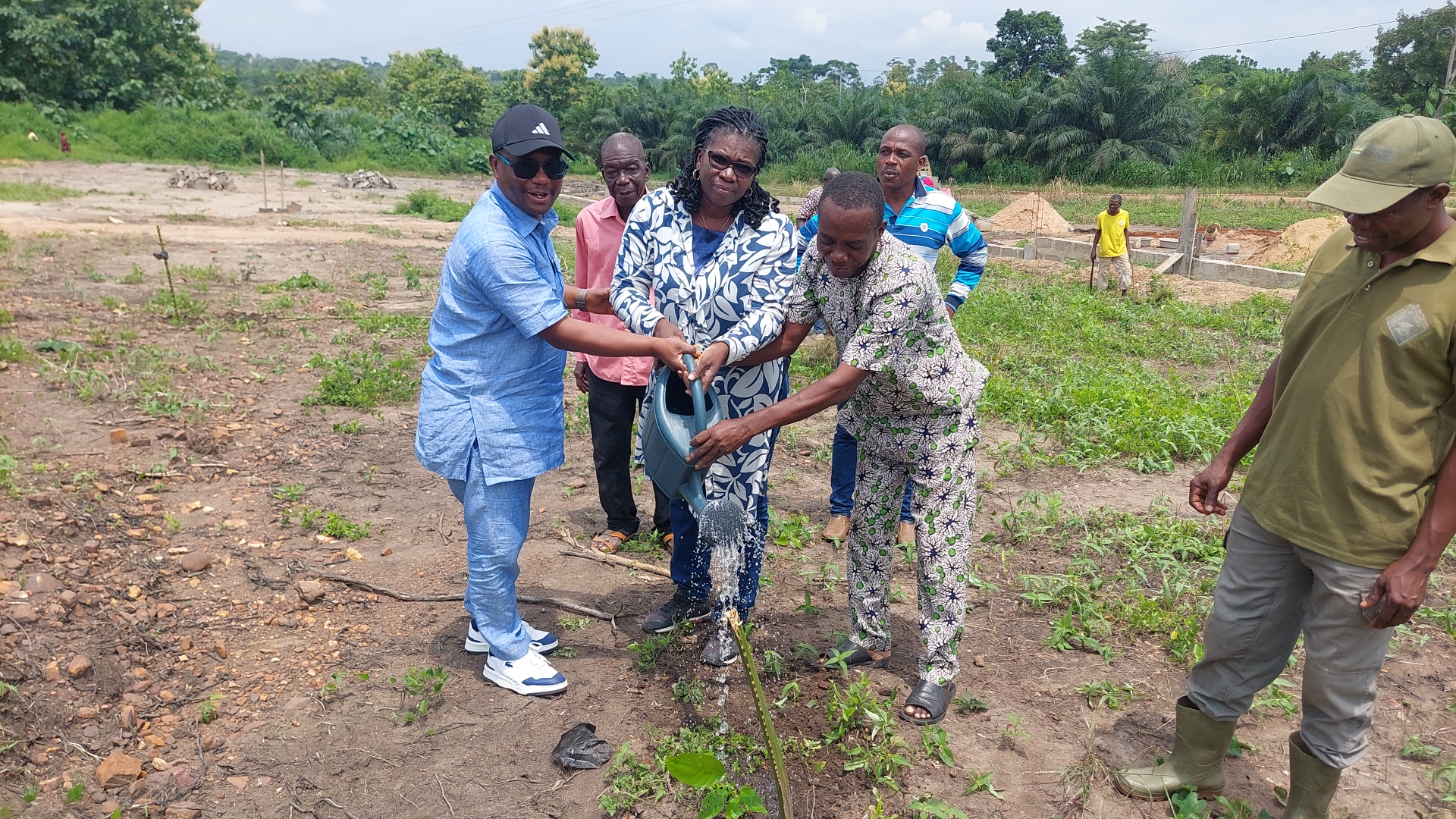 Le depute Kwadzo Dzodzro Kwasi la conseillere Atutonu et le chef de Tome arrosent un plant mis en terre